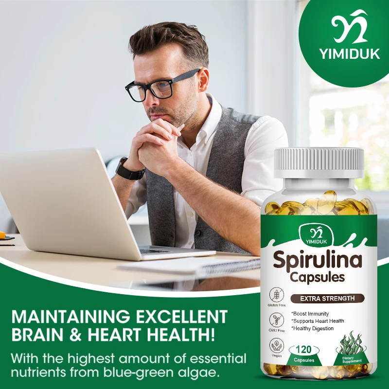 Spirulina Cápsulas para Saúde do Coração, Superalimento Verde, Suporte Detox, Magnésio, Estearato, Visão Ocular, Saúde do Cérebro