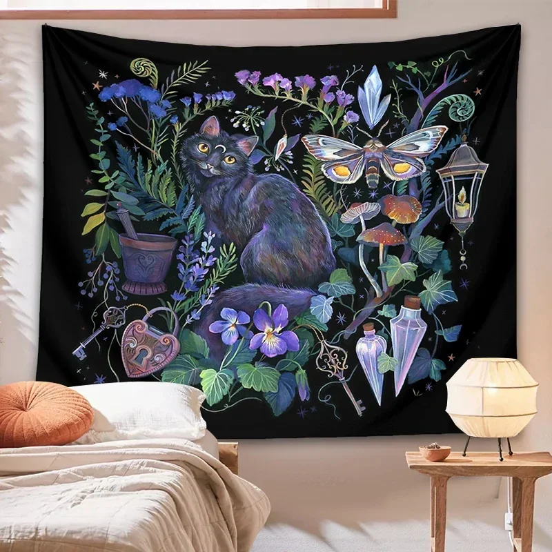 Black Cat Garden Tapestry Wall Hanging Psychedelic Mushroom Botanical flower Moon Moth Magic Bohemia Bedroom Home Decor Cloth