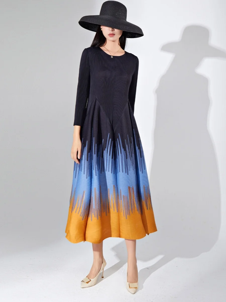 

Elegant Long Sleeve round Neck Print Dress Skirt Polyester Fabric A-Line Silhouette Spring Summer Autumn Casual Floral Gown