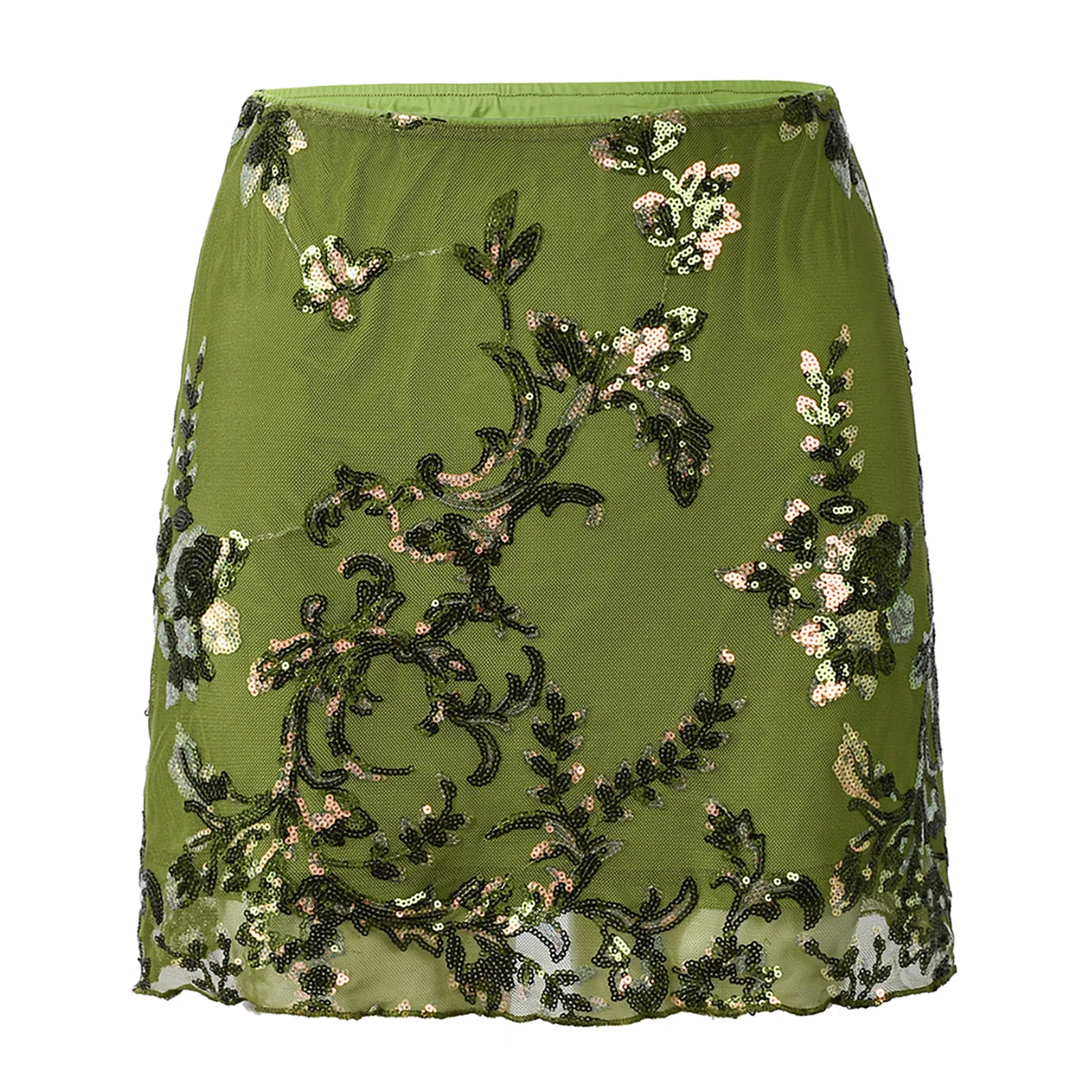 Kurzer Damen-Minirock mit glitzernden Pailletten, Blumenstickerei, durchsichtiges Netz mit blickdichtem, gefüttertem Rock, Rave-Party, Clubwear