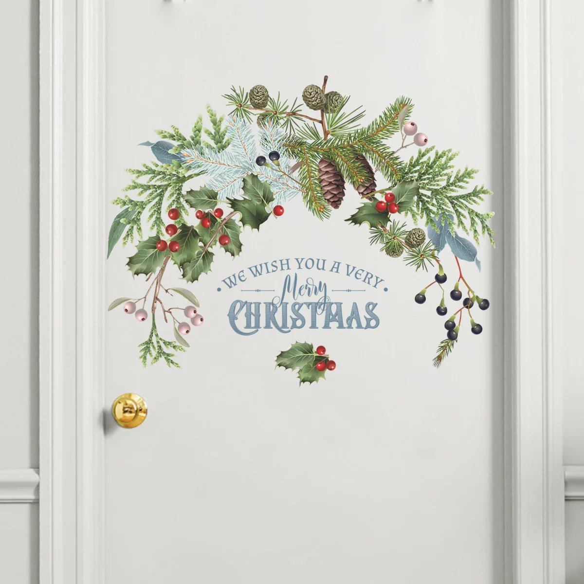 Boho Christmas Wall Decals, Watercolor Pine & Holly Wreath with Holiday Greeting Peel and Stick Stickers for Bedroom