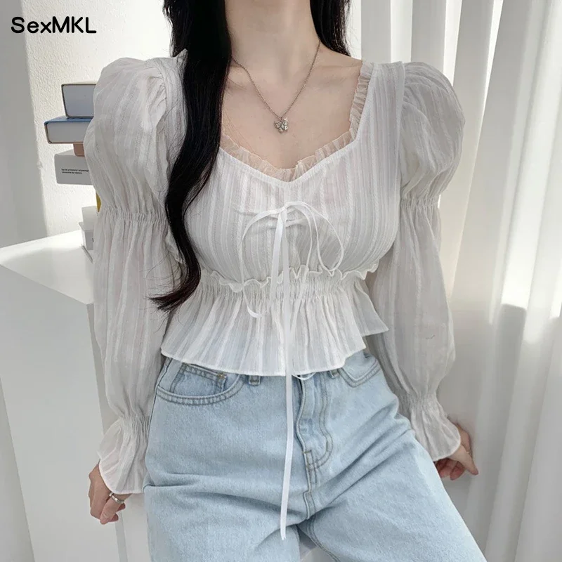 Vintage Lange Mouw Crop Dames Tops 2024 Koreaanse Mode Kleding Casual Blouses Sexy Ruches Kant Wit Zwart Chiffon Shirts