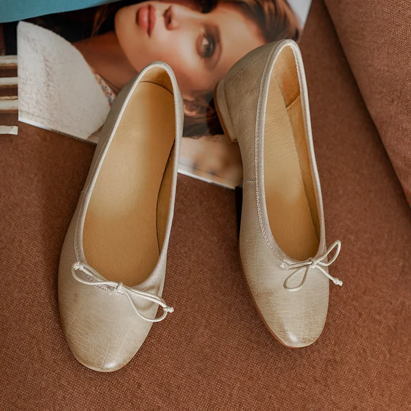 Round Toe Ballet Flats With Bowtie Low Heel Basic Flats Spring Walk Shoes Woman Soft Cowhide Loafers Slip On Ladies Shoes