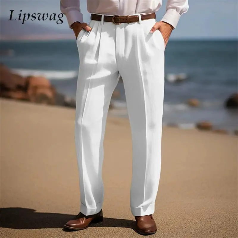 

Spring Autumn Casual Trousers Mens Solid Color Pleated Loose Straight Pants Men Daily Leisure Breathable Linen Western Trousers