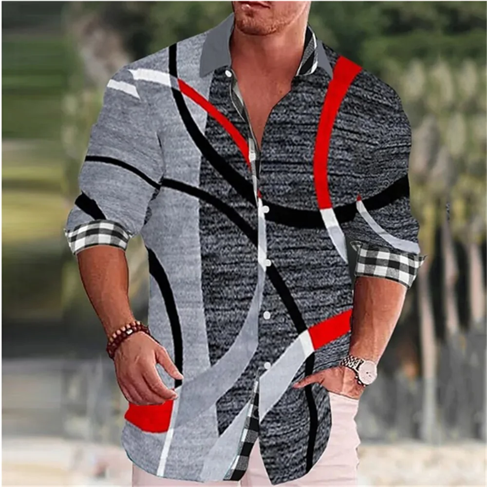 Camisa de manga larga con estampado 3D para hombre, camisa de solapa con patrón cuadrado, top informal de moda para fiesta y club, tela cómoda y