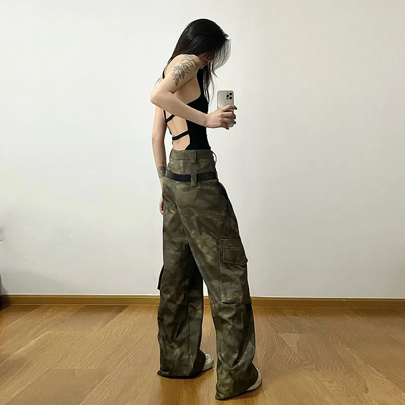 Women Goblin Core Harajuku Y2K Pantalones Camouflage Joggers Low Rise Flare Pants Bell-Bottom Long Trousers Gyaru Grunge Abi New