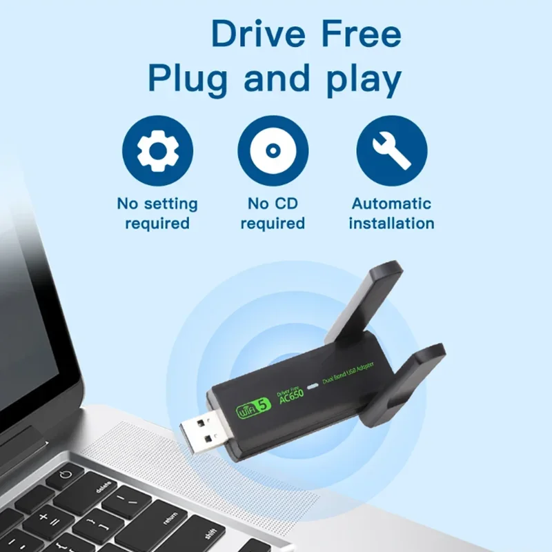 WiFi USB AC650 อะแดปเตอร์ Dual Band ไร้สาย USB2.0 การ์ดเครือข่าย Hot Spot Wi-Fi สําหรับ PC/แล็ปท็อปสําหรับ Win7/10/11 ไดร์เวอร์ฟรี