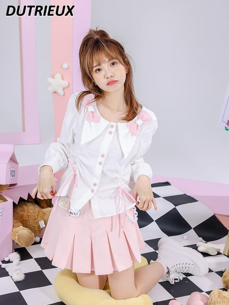 

Spring 2024 Sweet Preppy Bow Collar Drawstring Lace Tops High Waist White Long Lantern Sleeve Bottoming Shirt for Women