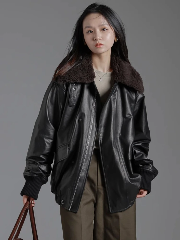 Vintage ของแท้หนังรถจักรยานยนต์แจ็คเก็ตผู้หญิงฤดูใบไม้ร่วงฤดูหนาว High-end Real Lamb Fur Collar วัวหนัง Quilted Coat
