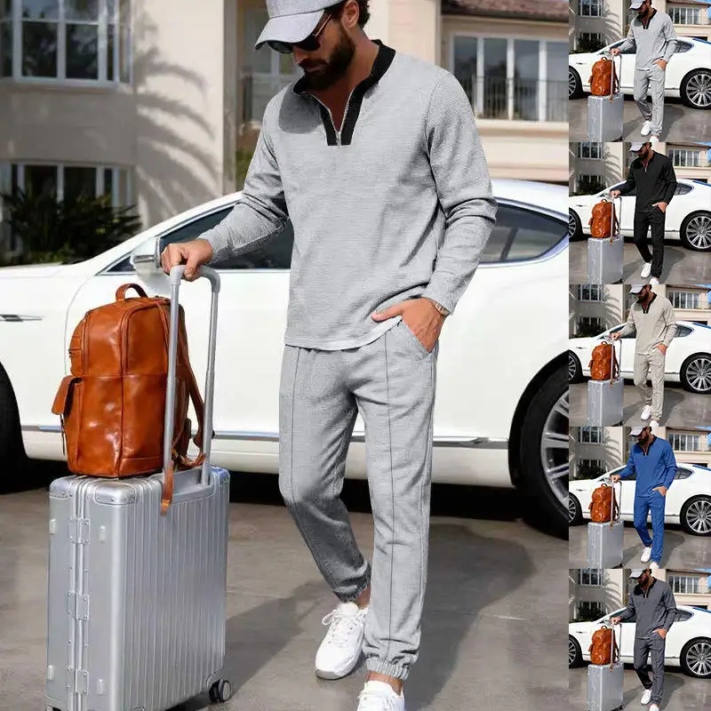 

Loose Men's Casual Long Sleeve Shirt And Pants Set Autumn Season Color Block Waffle Pattern Vintage Style Clothing