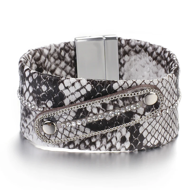 Amorcome Vintage Snake Skin Patterned Leather Bracelet for Women Magnetic Buckle Wide Bangle Hand Accessories Holiday Gift