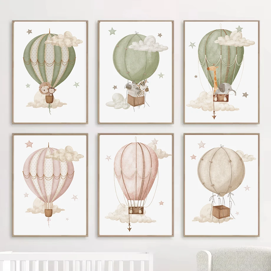 Watercolor Hot Air Balloon Animal Monkey Lion Poster and Print Canvas Painting Wall Art Picture for Kids Room Nursery Decor