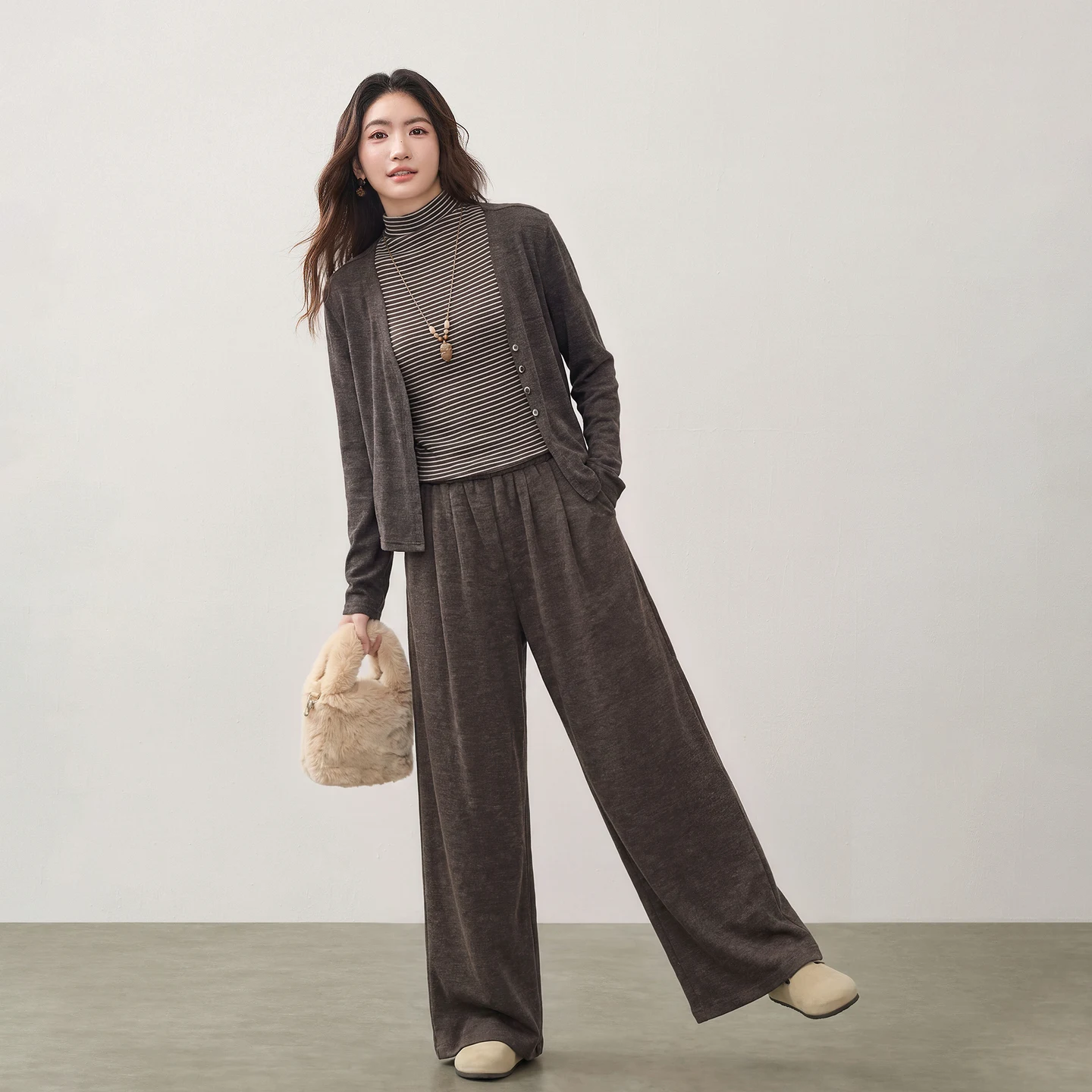 SENTUBILA Women's Matching Sets 3‑Piece 2026 Winter Casual Open Cardigan Tank Vest Wide‑Leg Pants Knitted Cozy Outfits W63ZM9028