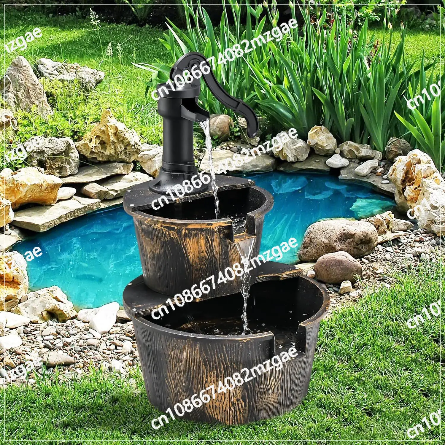 

Садовый уличный пейзажный фонтан, двухслойный пластиковый имитация деревянной бочки, солнечный фонтан, проточная вода