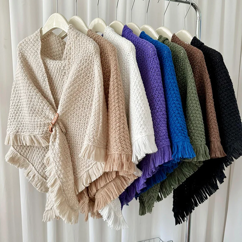 

Fashionable Knitted Shawl Winter Warm Fringe Scarf Poncho for Women Thickened Solid Color Knot Scarf Wrap Cape with Tassels