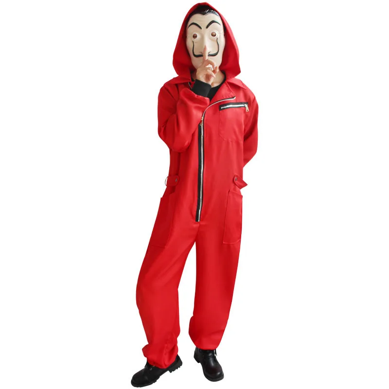 

Dali Masked Jumpsuit with Hood Red Workwear loween Performance Costume Anti-dust Bad Guy Suit for Stage Theater Cosplay