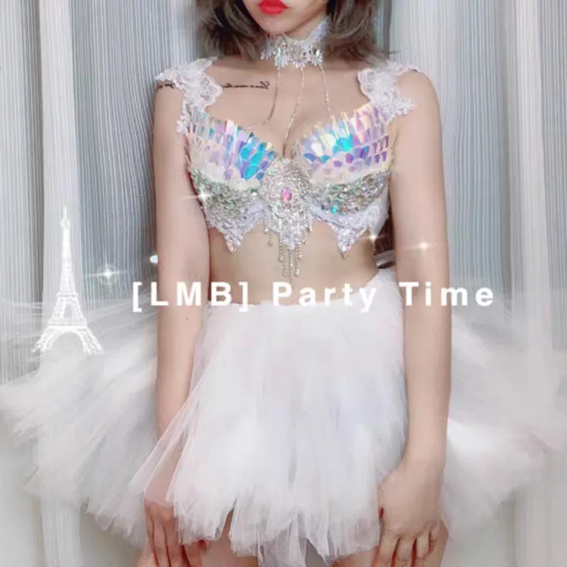 

Scale Sequins Bikini LED Gauze Bubble Skirt Party Rave Outfit Women Musical Festival Nightclub Costume Singer Dancer Stage Wear
