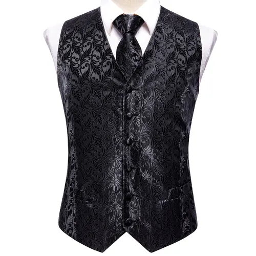 Imagen 2 del producto Hi-Tie-Chaleco de seda negro para hombre, conjunto de gemelos y pañuelo con corbata de Jacquard de Cachemira, chaleco Formal de negocios sin mangas con cuello en V