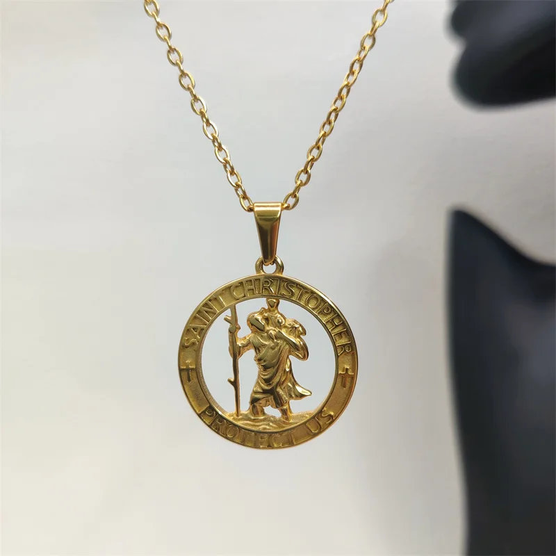 Hot Sale Religious 18K Gold Plated St.Christopher Necklace Stainless Steel Pendant Necklace For Men Women Jewelry Gift