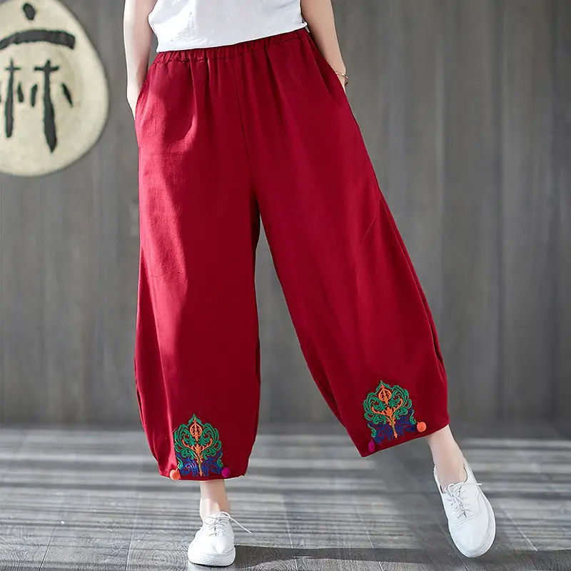 

National Style Nine -point Children's Clothing Summer New Literary Retro Loose Casual Embroidered Embroidered Lantern Pants