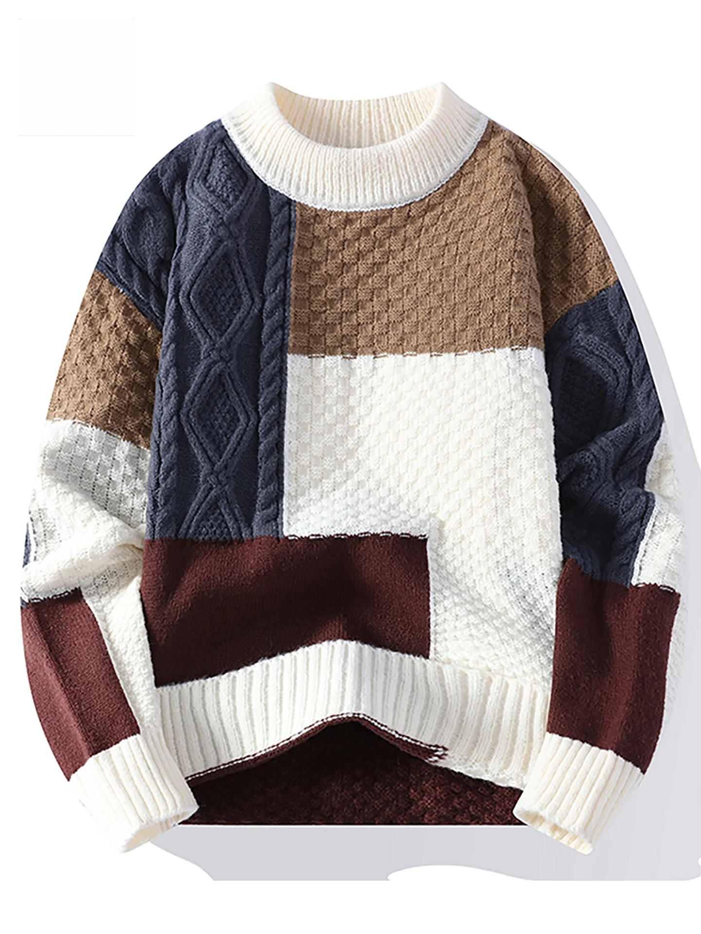 

Thiened Warm Retro Color Blo round Ne Pullover Knitted Sweater for Men Loose Fit Cozy Netie Zipper Regular Length