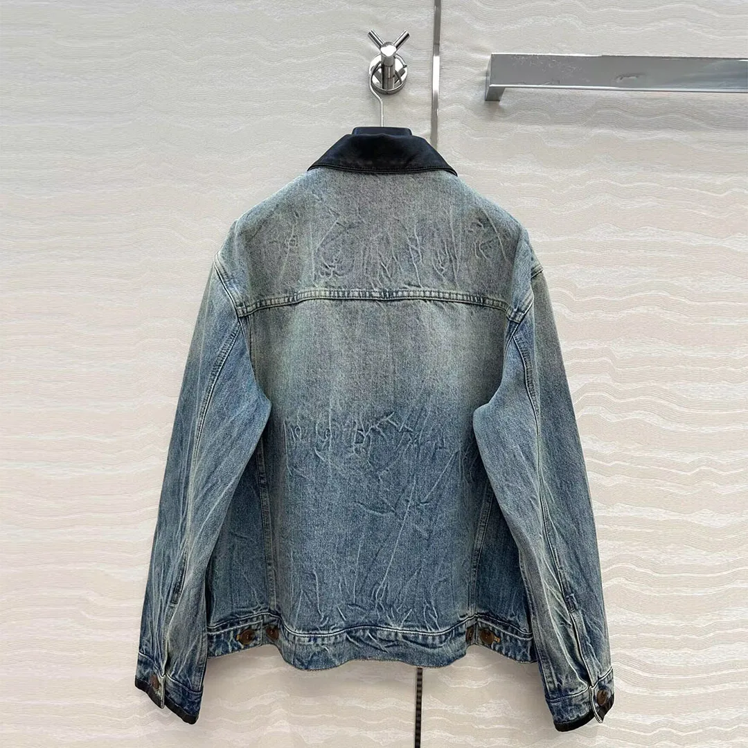 New Autumn Vintage Hot Girl Loose Blue Denim Jacket Women Leather Lapel Long Sleeve Single Breasted Pockets Loose Street Coat