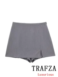 TRAFZA Vintage Casual Chic Women Shorts Skirt Grey Solid Slim Short Skirt New Fashion 2024 Winter Elegant Female Shorts