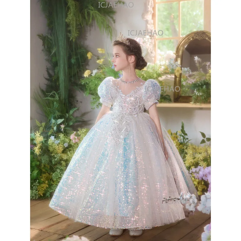 2026 Girls Evening Fashion Princess Dress Flower Children Host Pageant Sequin Performance Gown Kids Party Formal Sparkly Outfit