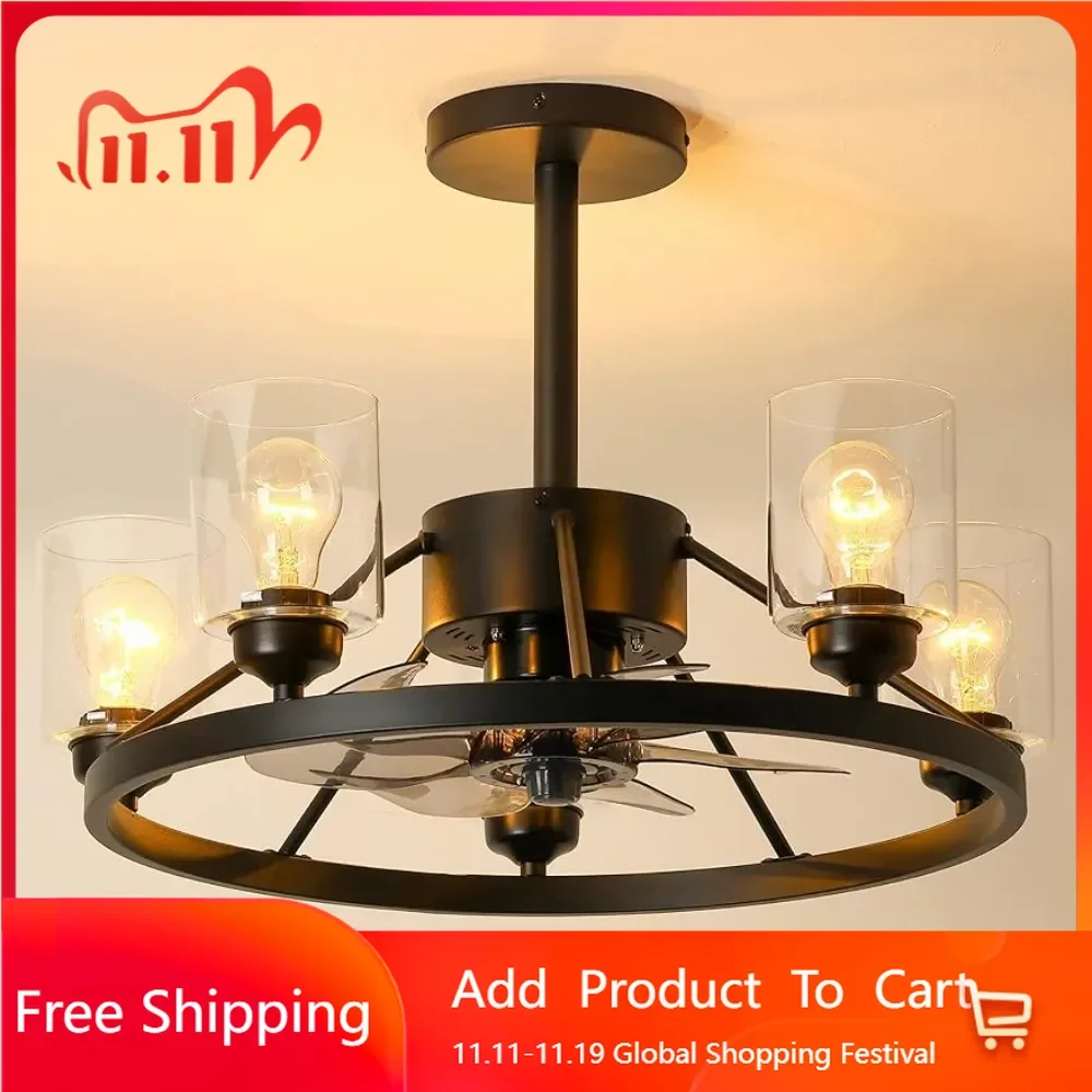 Modern black ceiling fan,7-blade ceiling fan,remote control, glass lampshade with 3 adjustable speeds,reversible blade direction