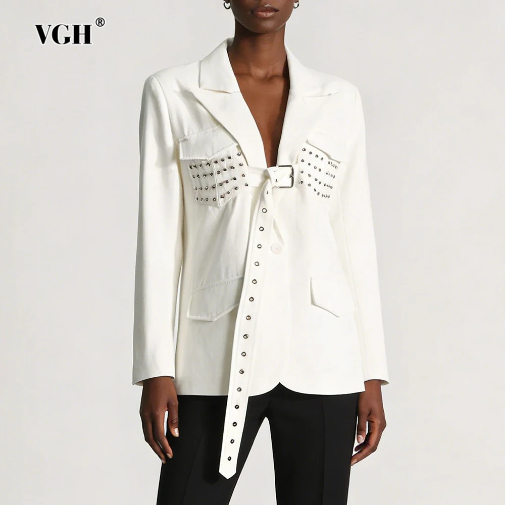 VGH Solid Loose Design Sense Blazers For Women Lapel Long Sleeve Splicec Lace Up Autumn Temperament Jackets Female Fashion New