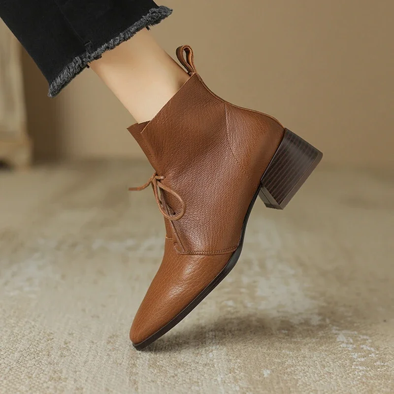 NEW Autumn Women Boots Square Toe Chunky Heel Boots Genuine Leather Shoes for Women Lace-up Ankle Boots Elegent Winter Boots