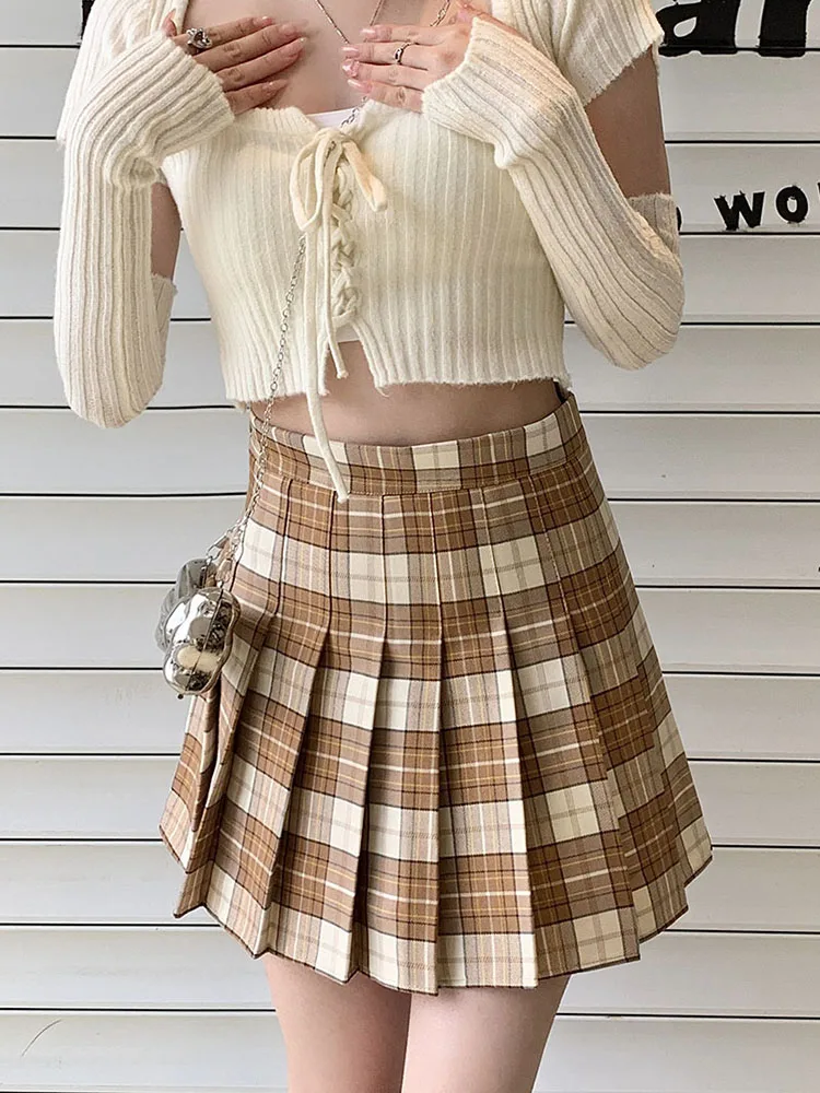 Women\'s Grey Plaid Pleated Skirt High Waisted A Line Short Saia School Clothes Korean Style Miniskirt Girls 2024 Summer Faldas