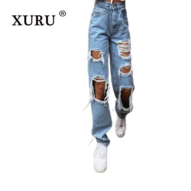 XURU-Women's High-waisted Broken Hole Jeans, Thin Section Jeans, New, Summer Street, Europe and The United States, N3-3143