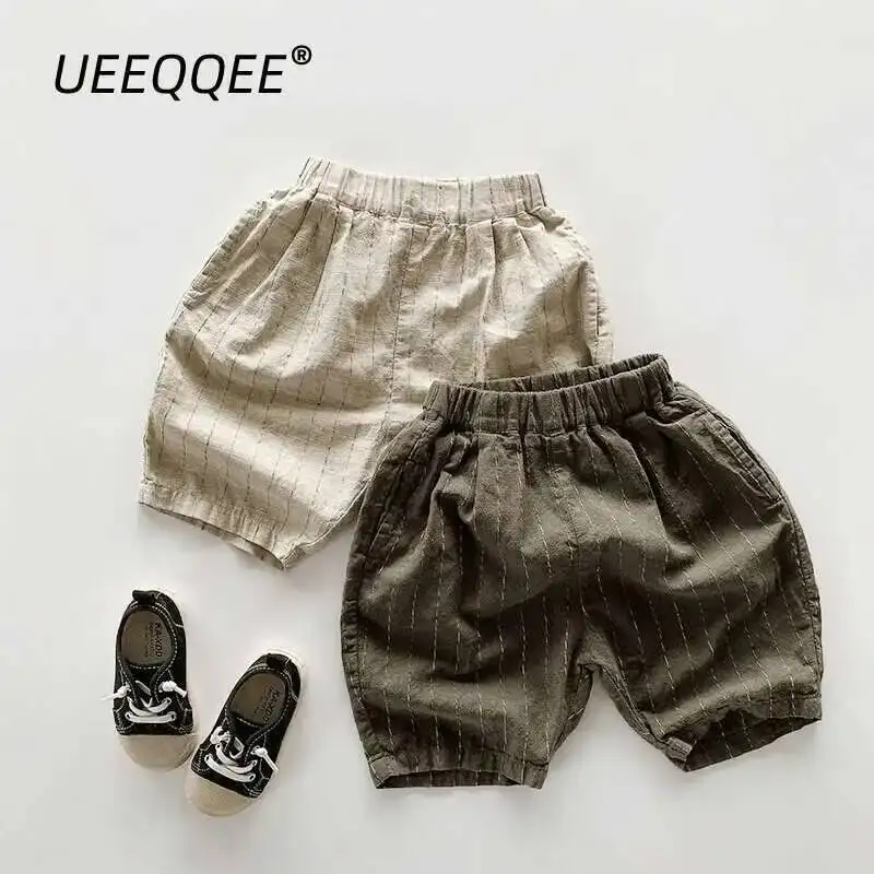 

Летние детские шорты для мальчиков, хлопковые льняные полосатые брюки, повседневные свободные короткие брюки, Корейская одежда для малышей, детская одежда 2024