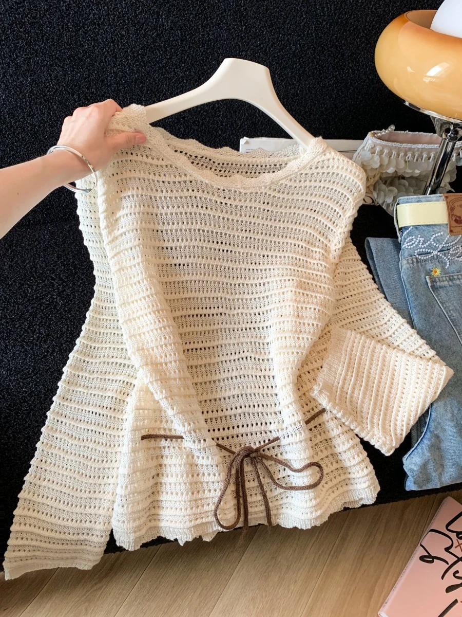 

Women's Summer Thin Mesh Knitted Sun Protection Top Loose Air Conditioning Cover Shirt Hollow out Design Casual Outerwear