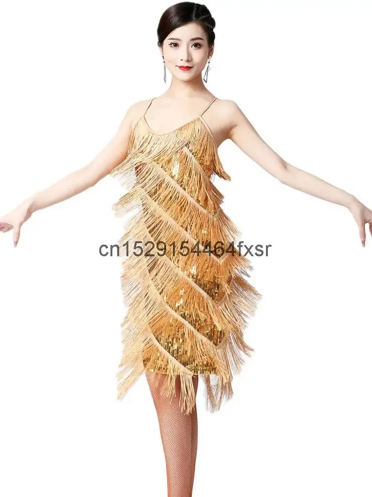 

Latin Ball Camisole Dance New Dress V-neck Latin Dance Sequin Tassel Dance Dress Stage Performance Competition Dress