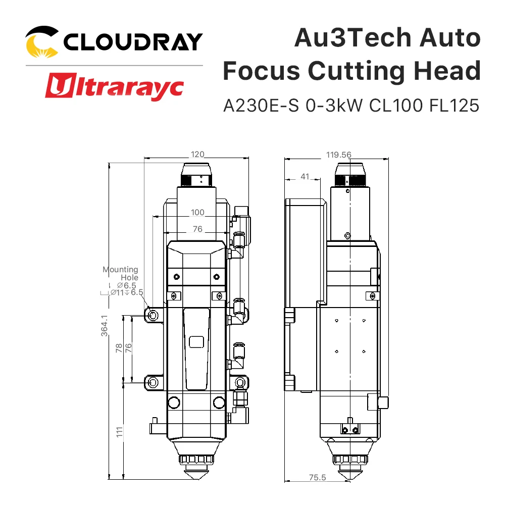 Cloudray au3tech a230e cabeça de corte a laser de fibra com lente d30 design de grupo potência máxima 3kw para máquina de fibra de corte de metal