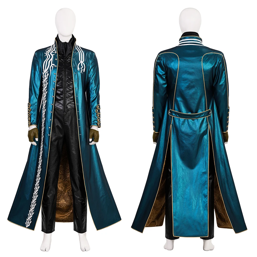 

Men's Vergil Costume Warrior Suit Game DMC 3 Vergil Cosplay Blue Leather Jacket Pants Uniform Fullset Halloween Party Outfits