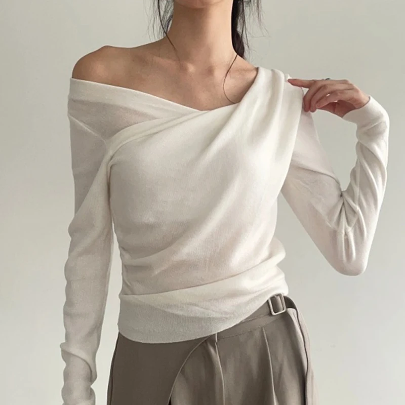 SUCHCUTE Elegant Solid Off-Shoulder Asymmetrical Top Women Chic Long-sleeve T-shirt Spring All Match Outfit Grunge Fairycore