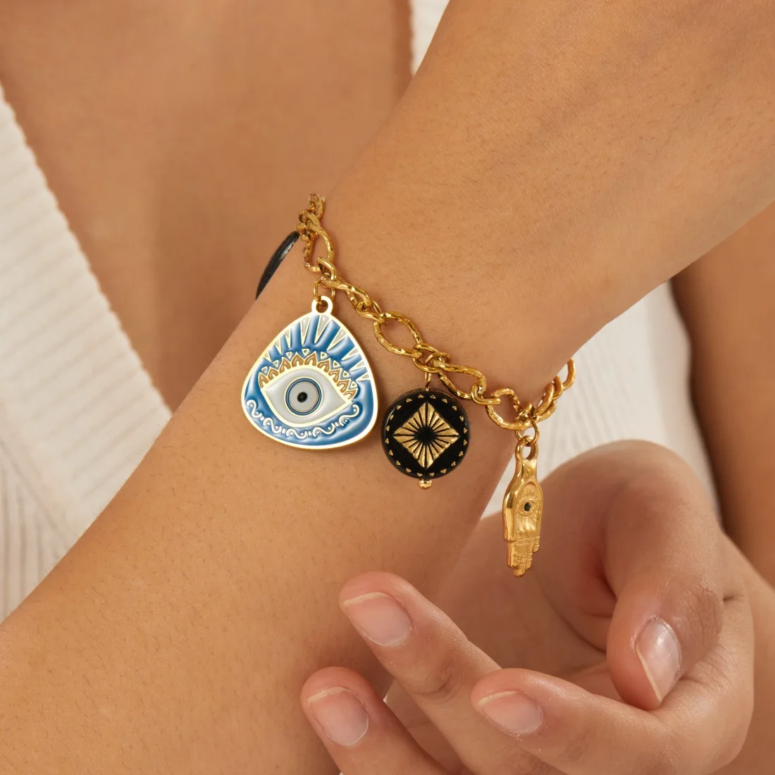 18K Gold Plated Blue Enamel Evil Eye Hamsa Hand Steel Textured Link Bracelet Boho Lucky Protection Multi Charm Wrist Jewelry