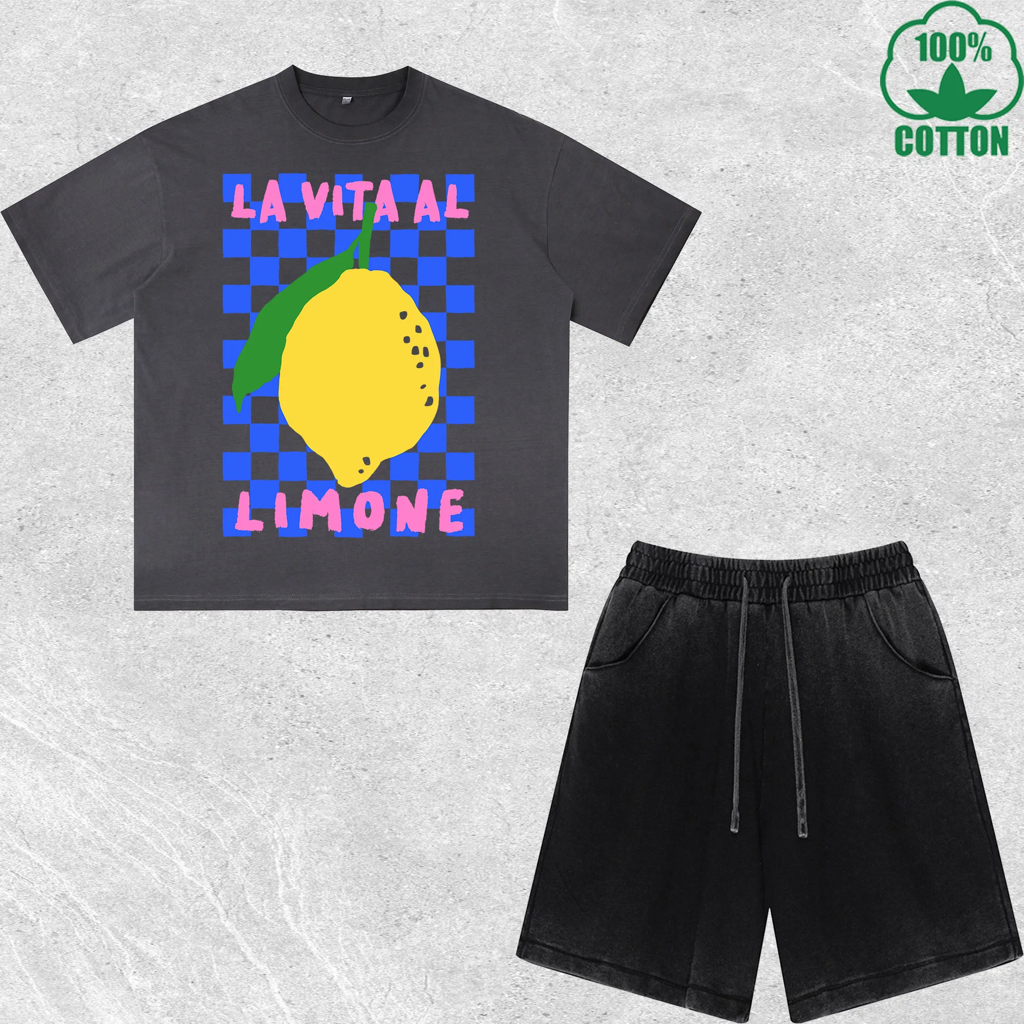 

Lavita Al Limone Printed Dirty Wash T-Shirt Shorts Set Multicolor Combo Loose Trendy Fashionable 100%Cotton Short Value Pack