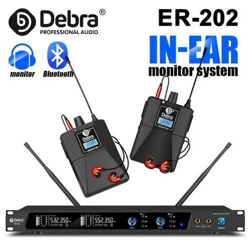 Debra ER-202 Sistema de monitorización intrauditiva de escenario profesional, UHF con Bluetooth 5.0 para puesta en escena, puesta en escena al aire libre