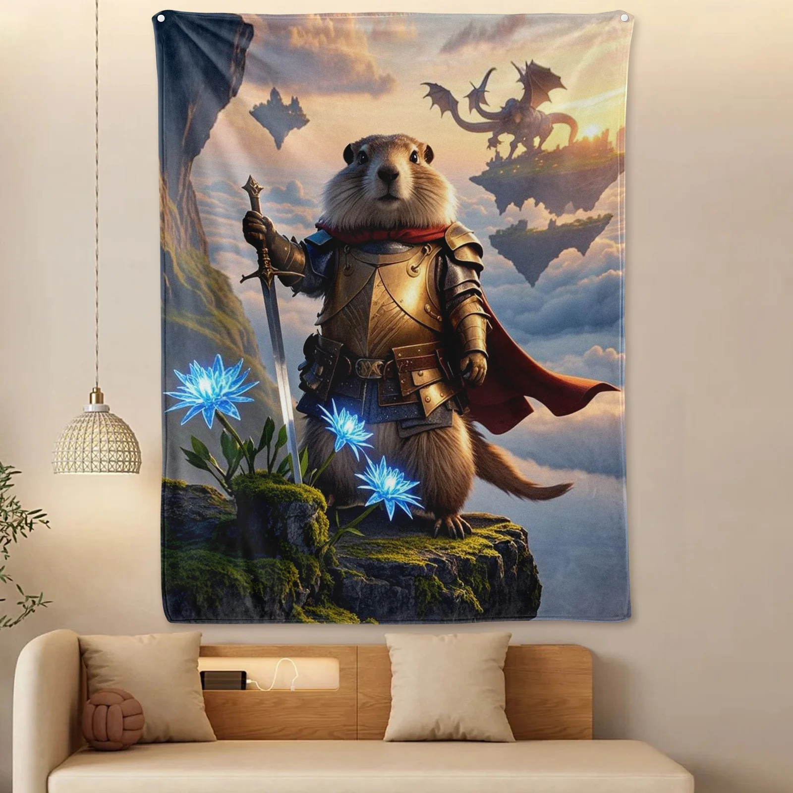Groundhog Knight With Cape Standing On Cliff Blanket For Heroic And Themed Bedroom Or Living Room Accent Design