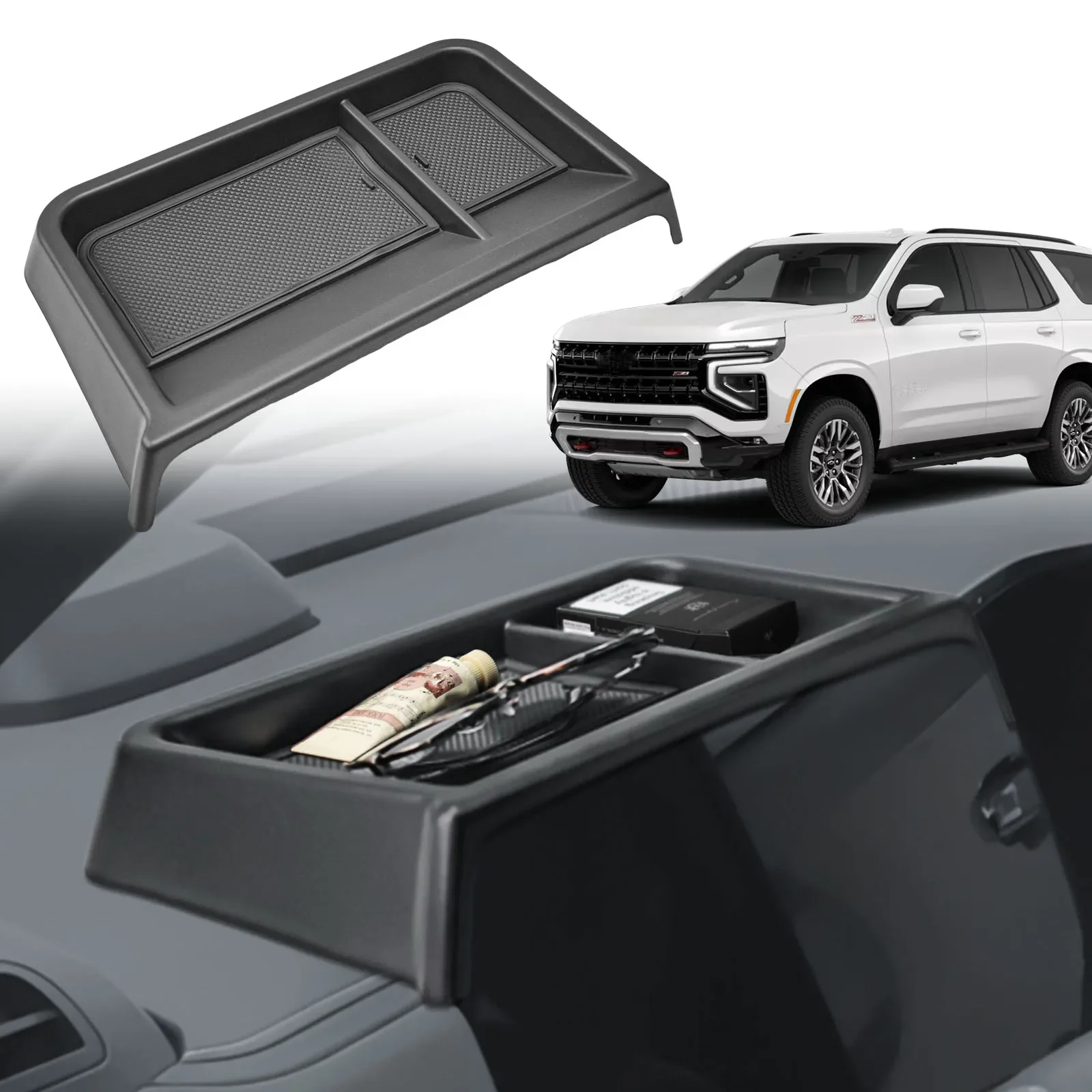 

Center Console Dashboard Organizer Storage Box for 2025 Chevy Tahoe & Suburban Accessories Dash Mounted Behind Holder Box Tray
