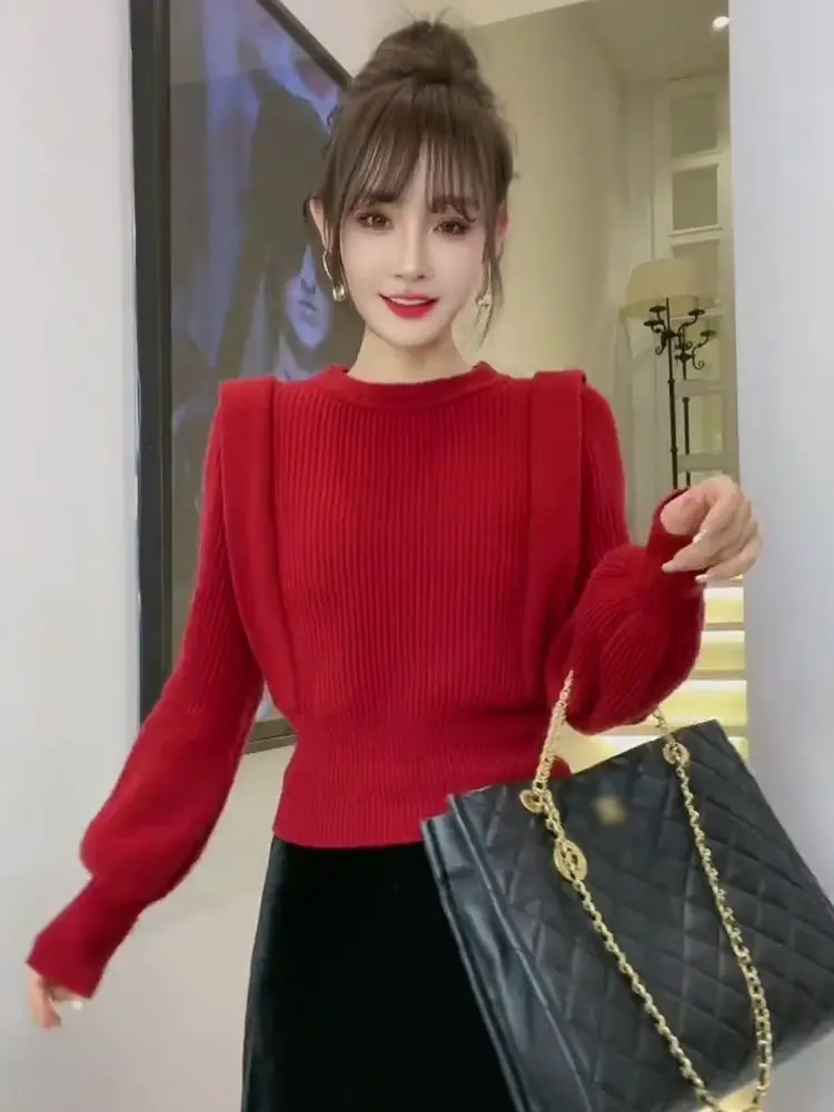 

Women's Autumn Winter New Style Slim Fit And Stylish Knitted Sweater Solid Color Round Neck Elegant Versatile Pullover