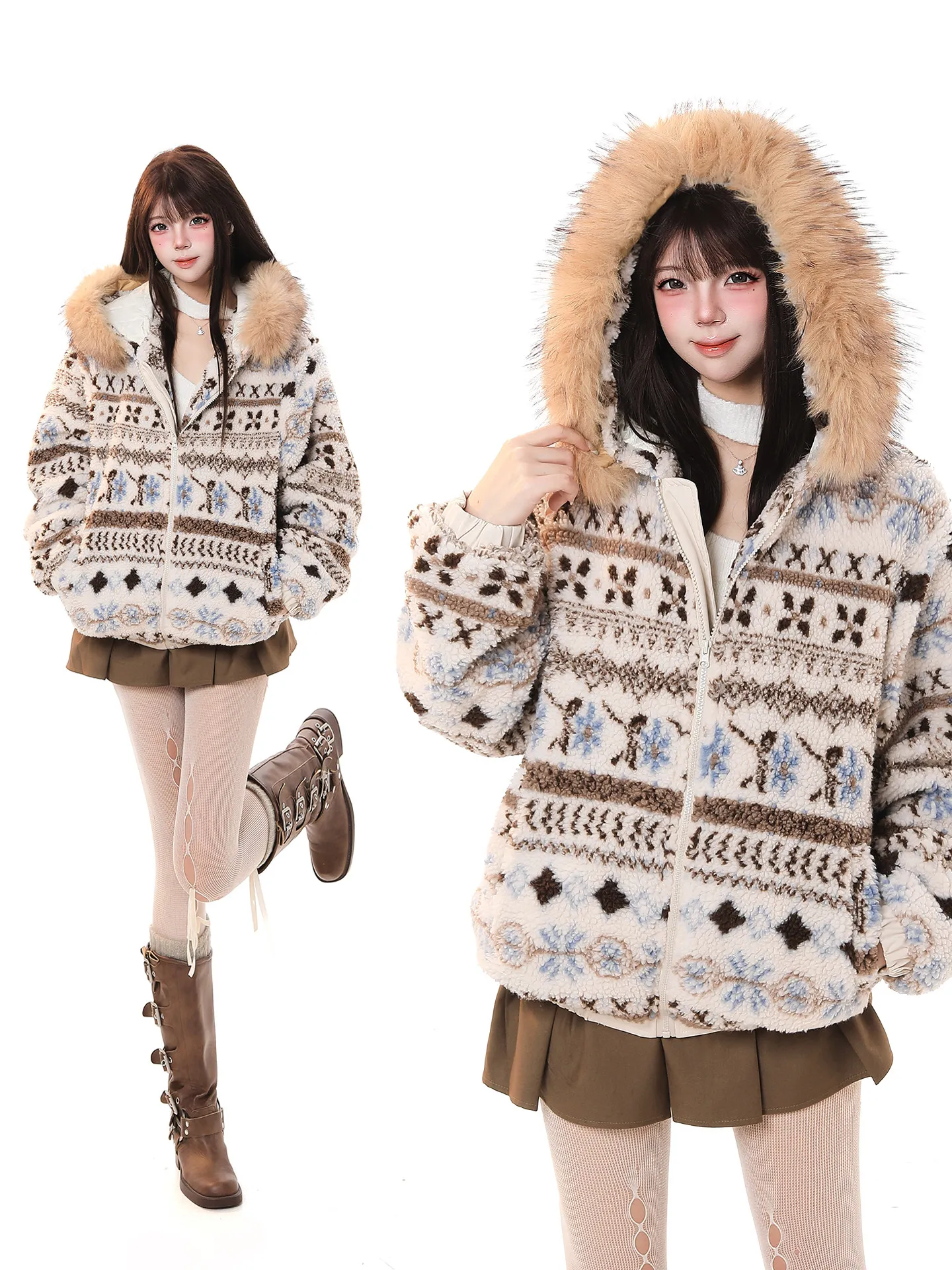 

Retro Fair Isle Hooded Cotton Jaet Women Winter New Loose Lazy Thiened Warm Floral Cotton Coat Outerwear with Zipper