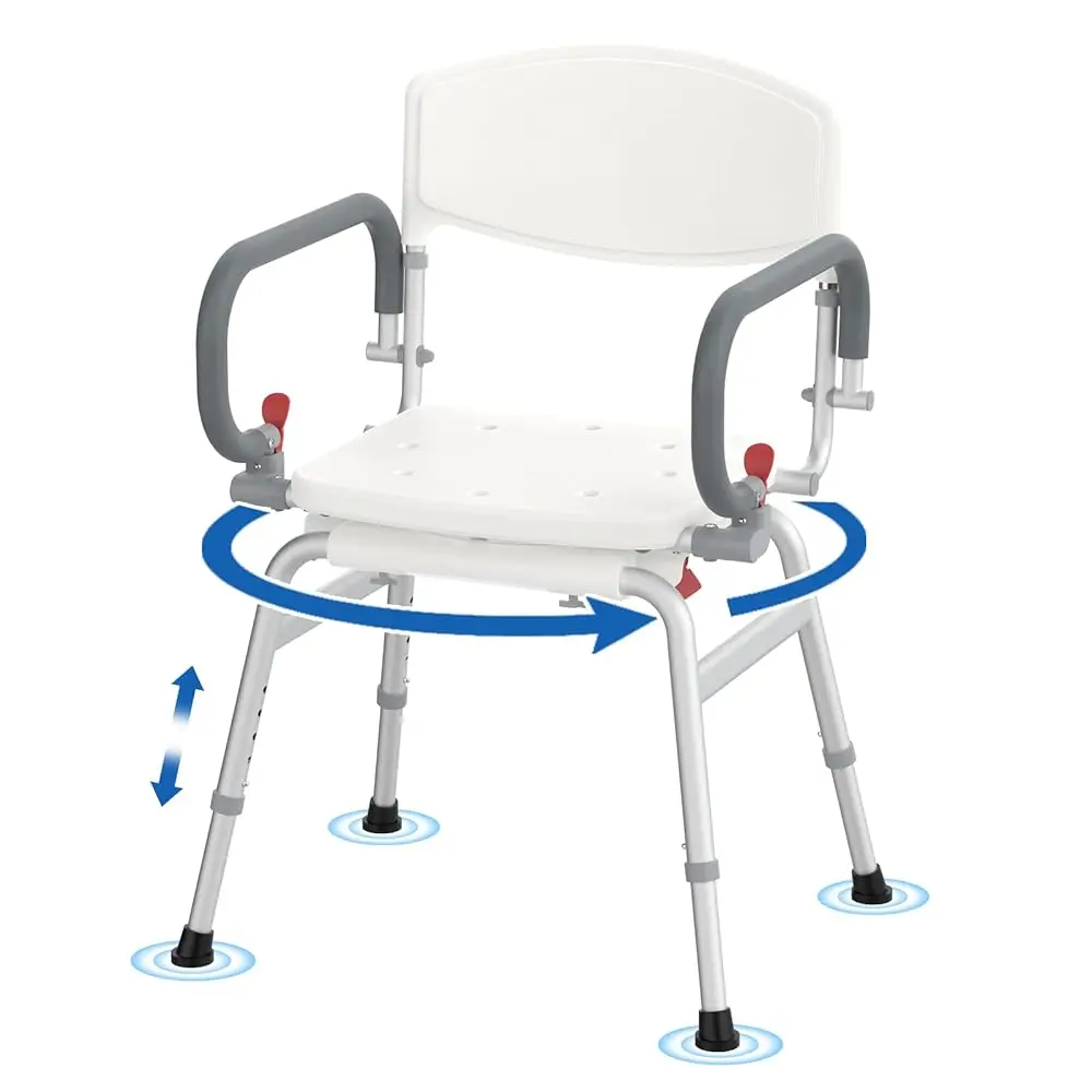 

360°Swivel Shower Chair For Elderly & Disabled, 500Lbs Acity Shower Seat With Arm And Back, Height Adjustable Safety Bath Seat