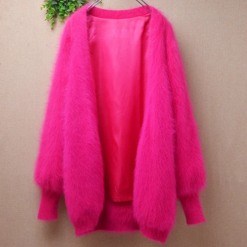 04 Ladies Women Fall Winter Colored Hairy Mink Cashmere Knitted Long Lantern Sleeves Slim Cardigans Mantle Angora Fur Sweater