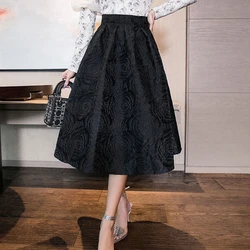 Temperament Autumn Women Solid High Waist Jacquard Weave Pleated Zipper Fashion Office Lady A-line Mid-length Ball Gown Skirt