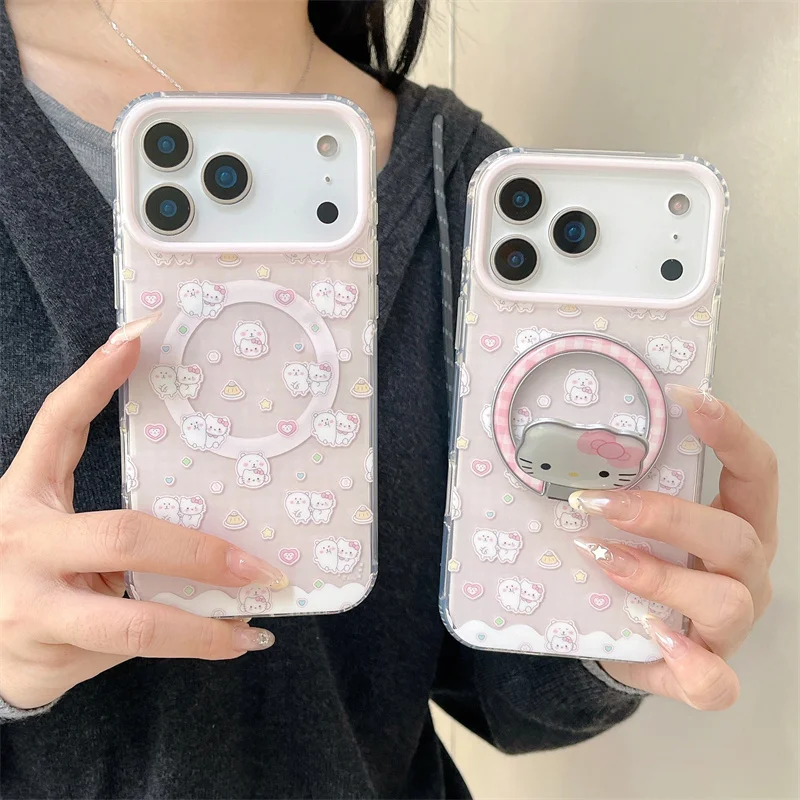 

Kawaii Cartoon Bear Hellokitty Magnetic Phone Case For iPhone 17 Pro 16 15 14 Pro Max Cover with Stand Protective Cases For Mags